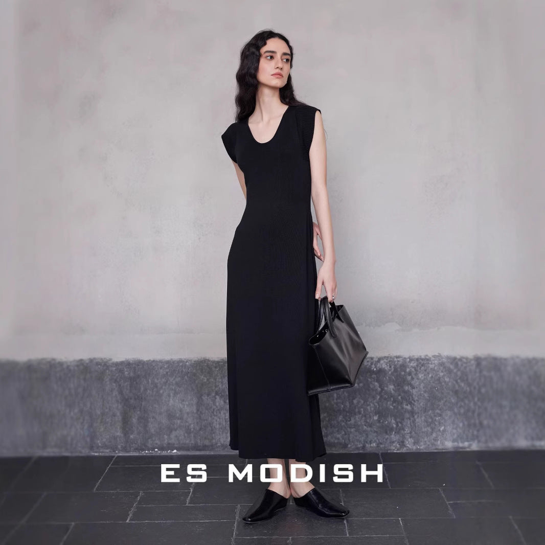 2025 ES MODISH Spring New Product Big Brand Feeling Inner U-Neck Sleeveless Solid Color Dress Tencel Waist Long Dress