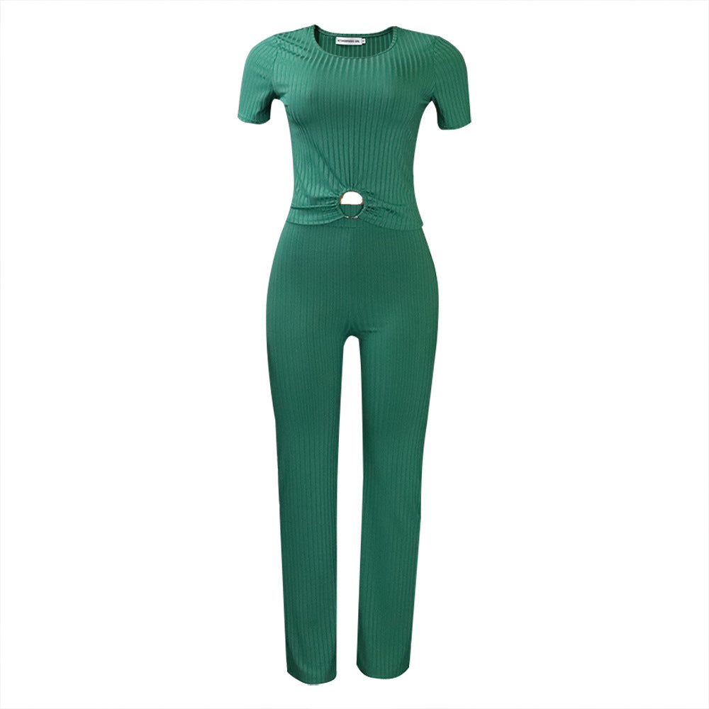 2025 D277 New supply popular summer new solid color pit strip casual fashion suit 2025 two-piece set