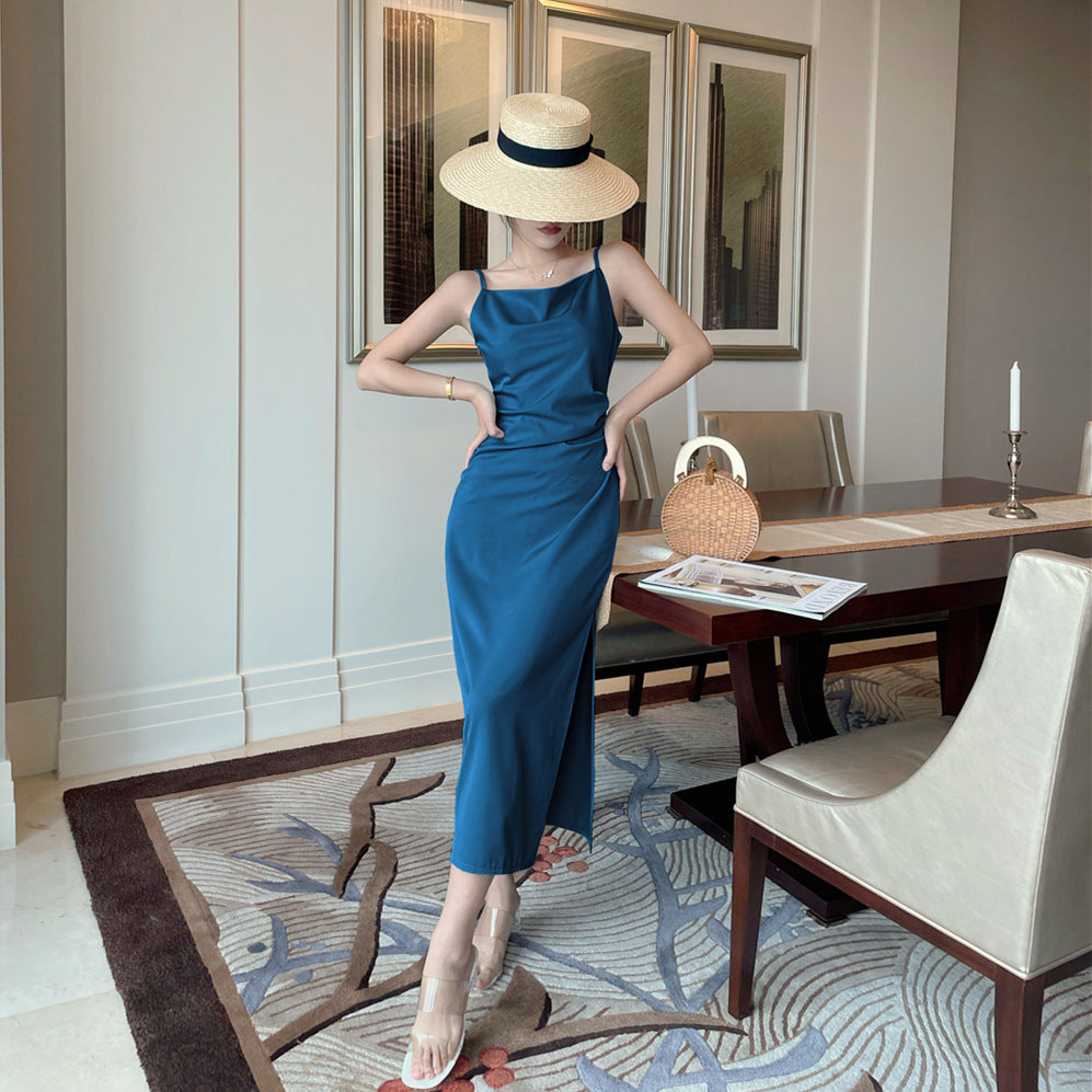 2025 drape satin swinging neck suspender skirt women's 2025 summer new waist thin pleated temperament split sleeveless dress