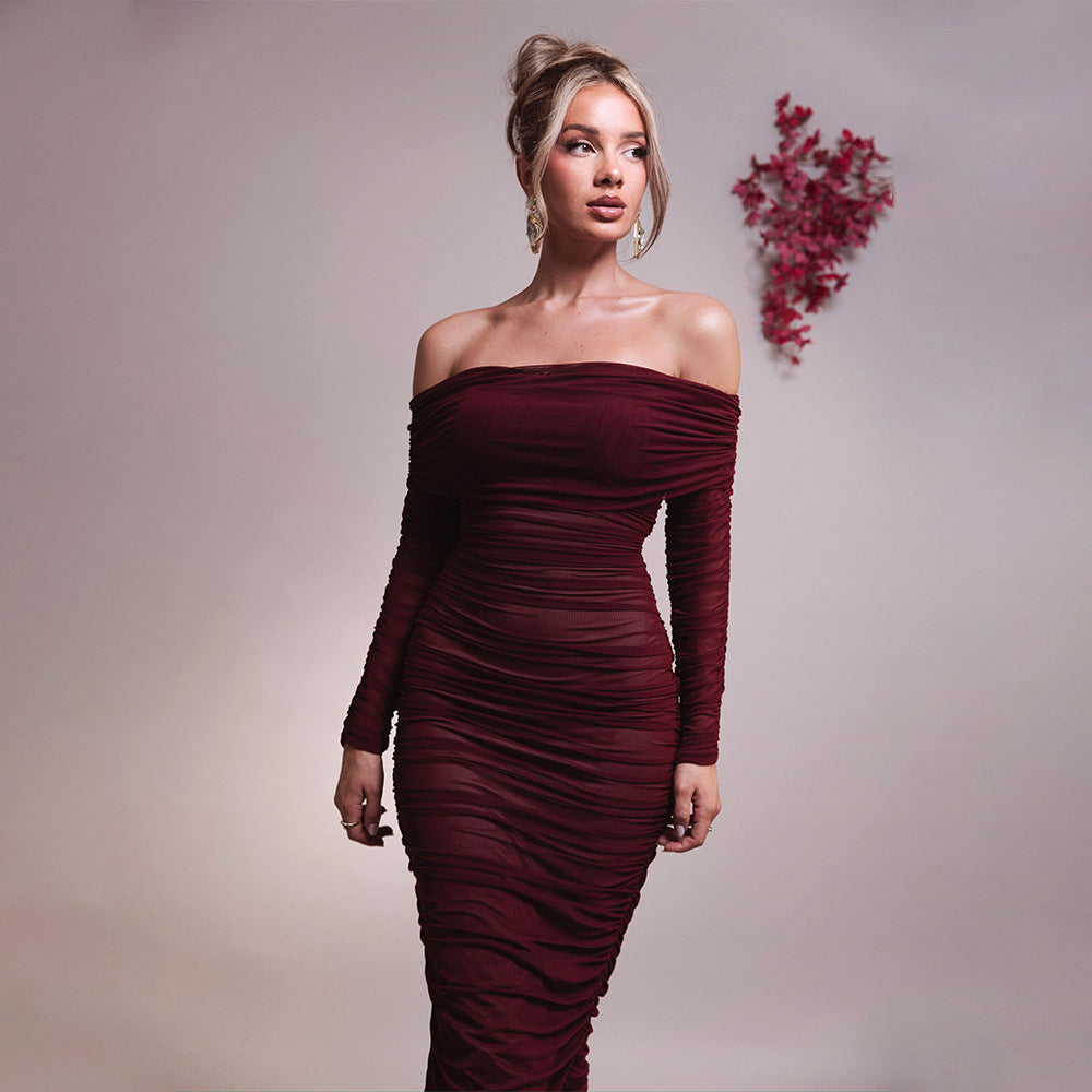 2025 New new mesh one-word shoulder pleated dress Popularan beautiful woman decoration body long-sleeved hip-wrapped dress