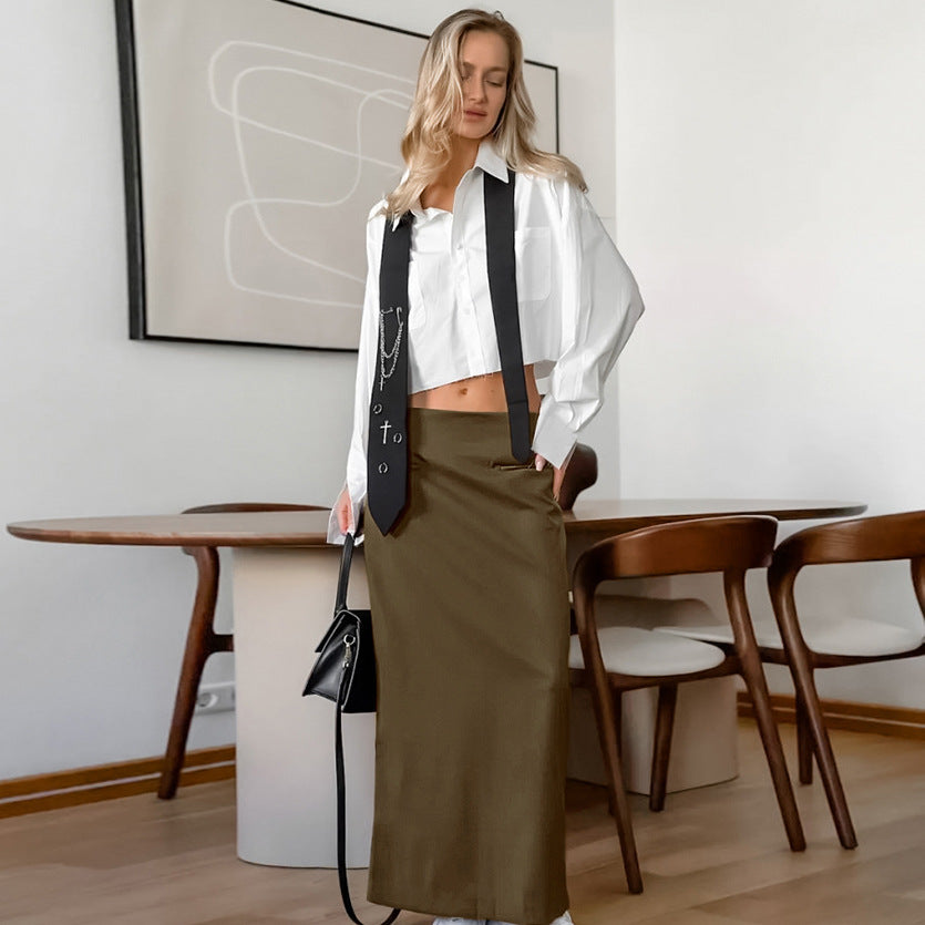 XAKXX 2025Autumn retro fashion loose brown high waist split straight skirt popular 2025 elegant casual dress women