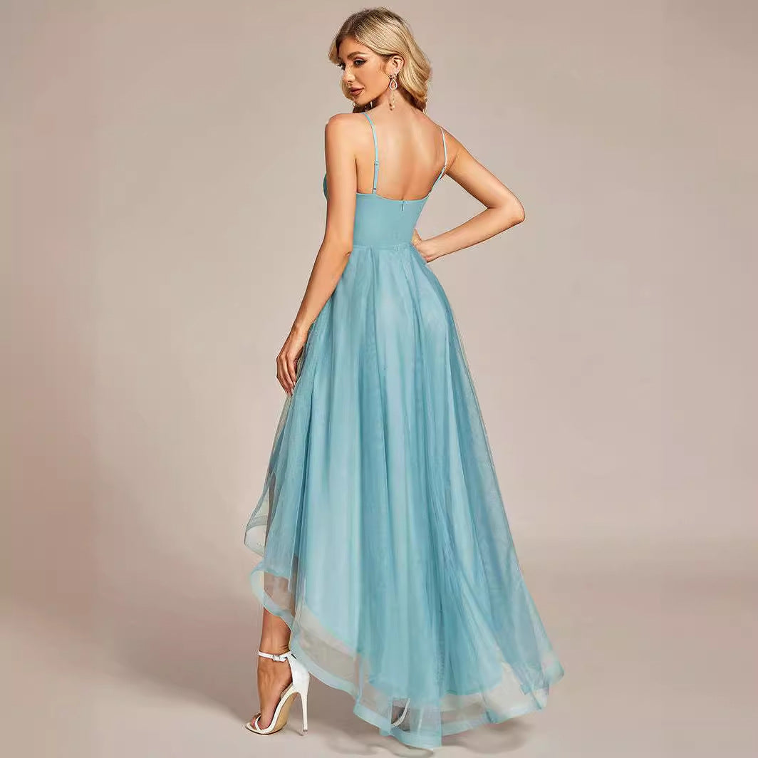 2025 popular autumn new 2025 dresses deep V simple front short rear long mesh yarn annual meeting bridesmaid dance evening dress