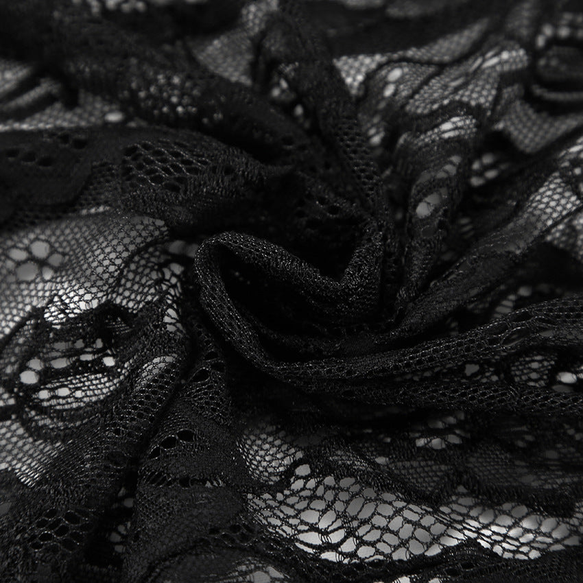 XAKXX 2025Autumn Black Sexy Design Sense Lace Hollow Temperament Square Neck Bubble Sleeve Slim Lace-up Dress Women