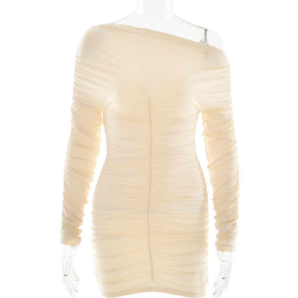 2025 New new women's clothing solid color slanted shoulder autumn and winter hip dress long sleeve pleated slim dress