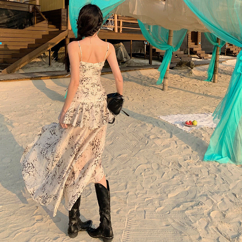 2025 Island dopamine beautiful vacation atmosphere pure desire Spice girl floral tube top irregular suspender elegant dress