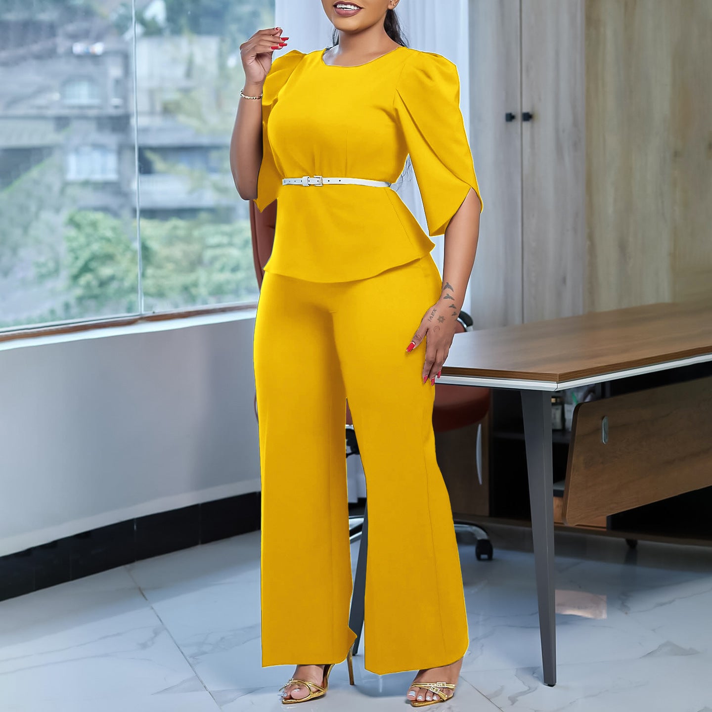 2025 D558 Popular trade women's clothing 2025 new fashion temperament elegant solid color top wide leg pants two-piece set 2025 suit