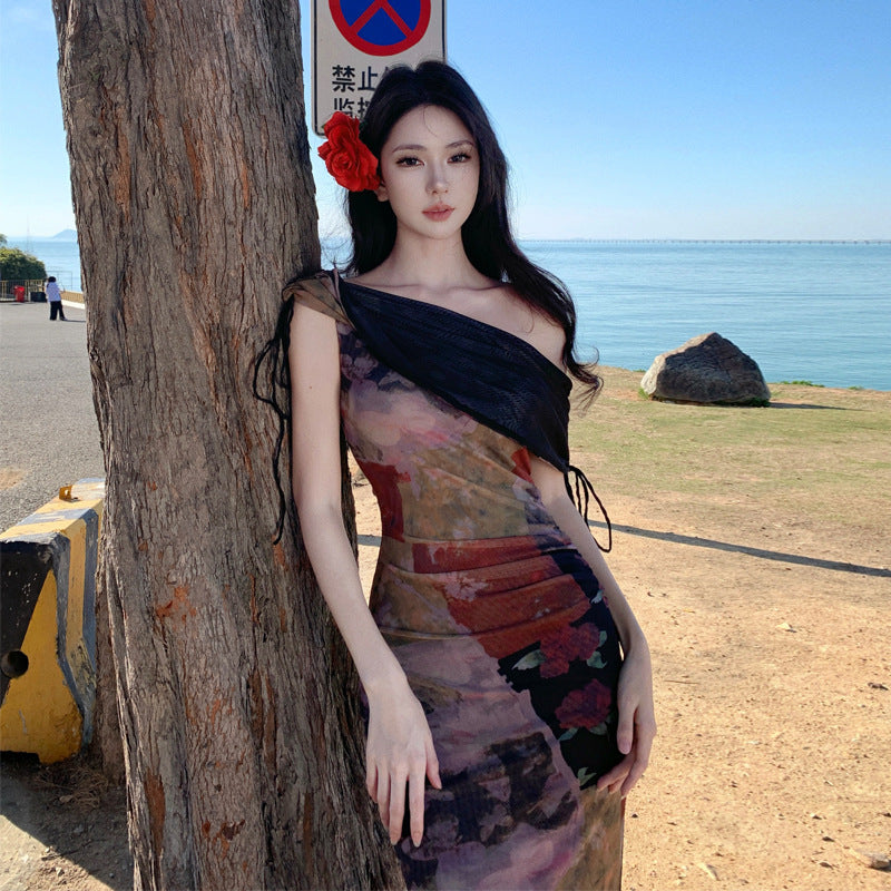 2025 New Chinese one-word shoulder mesh floral dress women's high-end sexy seaside vacation beach hip-wrapped long skirt