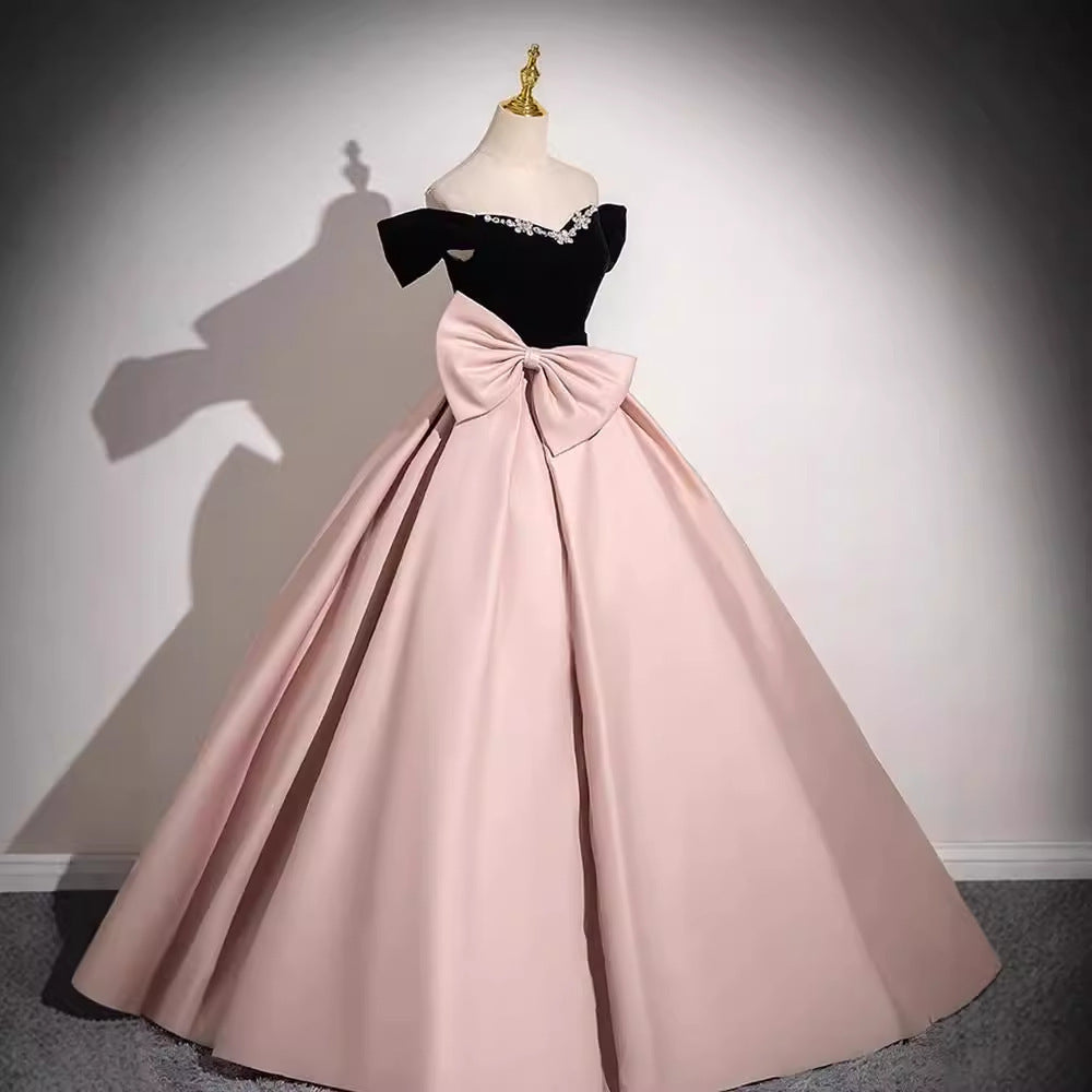 Pink evening dress 2025 new one-word shoulder super fairy satin princess dress birthday party art test dress dress dress