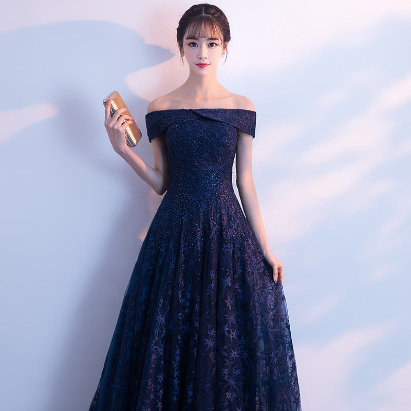 2025 One-word shoulder evening dress popular autumn new elegant aura queen fairy dream long banquet dress dress dress girl