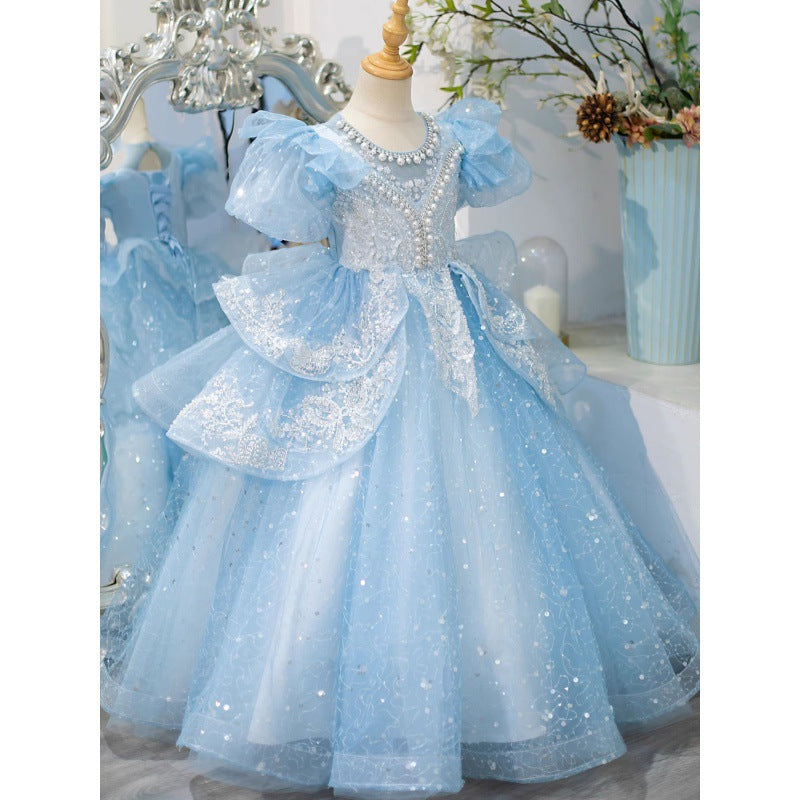 High-End Girl's Blue Evening Dress Summer New Children's Princess Dress Flower Girl Wedding Little Girl Tulle Tutu