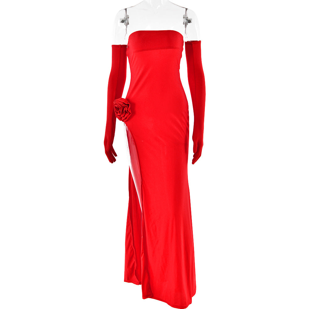 2025 New hot-selling new women's dress sexy fashion tube top with flower inlaid sleeveless split halter dress