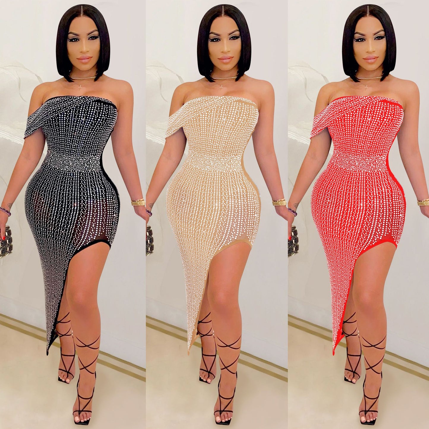 X5046 European and American Evening Dress Rhinestone Mesh Wrapped Chest Irregular Women's Clothing Dress