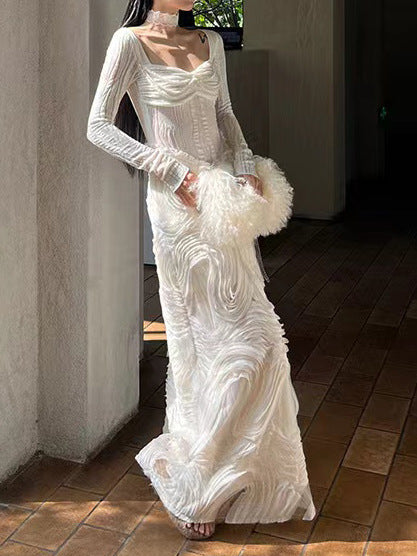 2025 24 Early spring new romantic white texture splicing design generous neck knitted dress