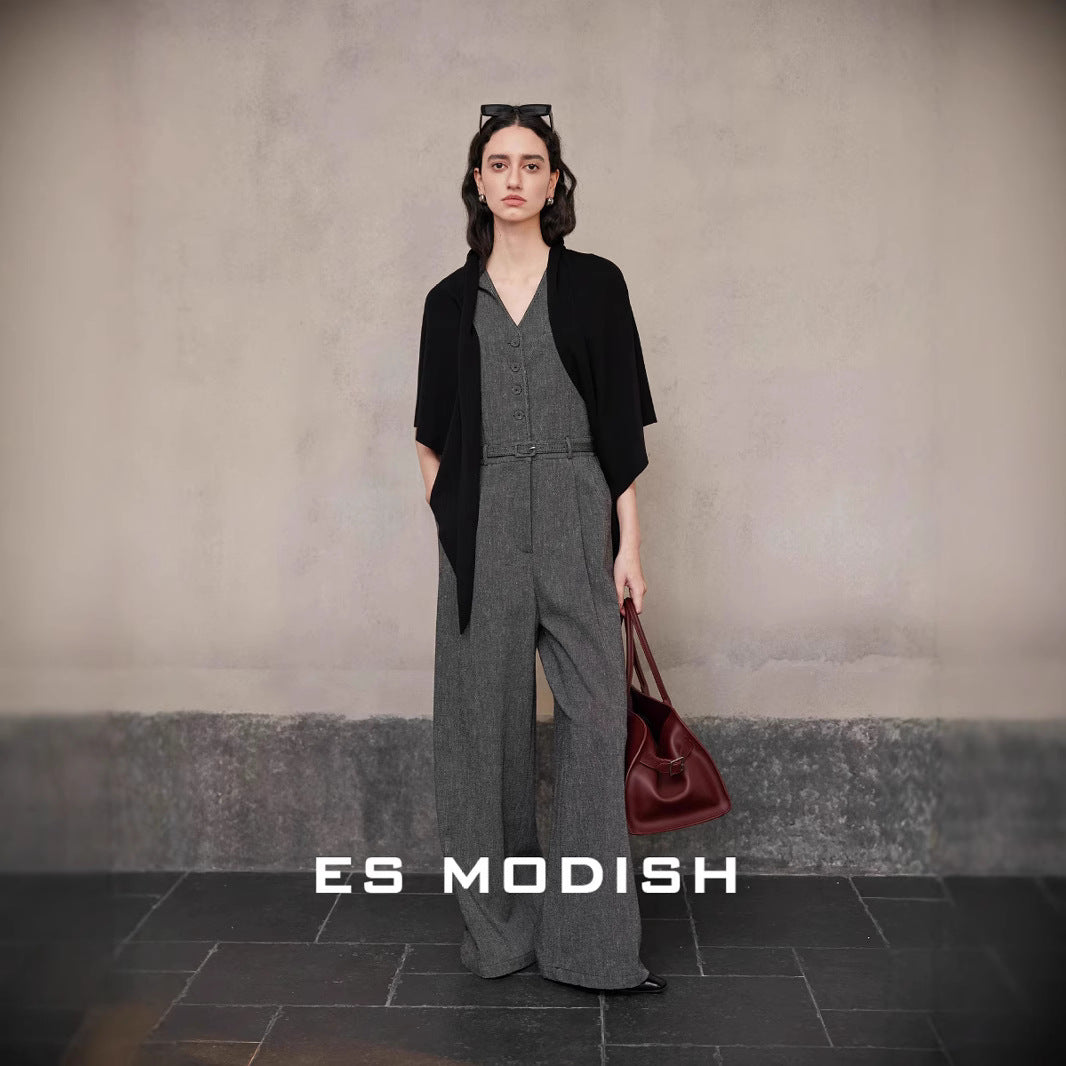 2025 ES MODISH spring new Korean version niche V-neck sleeveless waist denim jumpsuit (with belt) girls