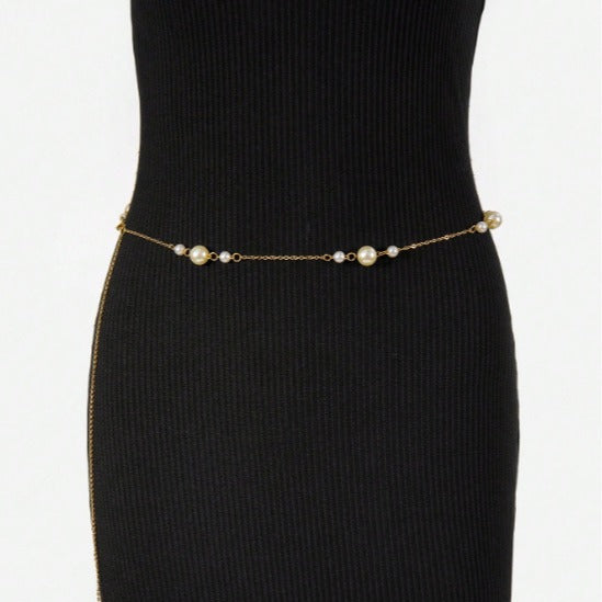 4637 New size pearl waist chain women's versatile decorative 2025 dress sweet metal waist chain body chain