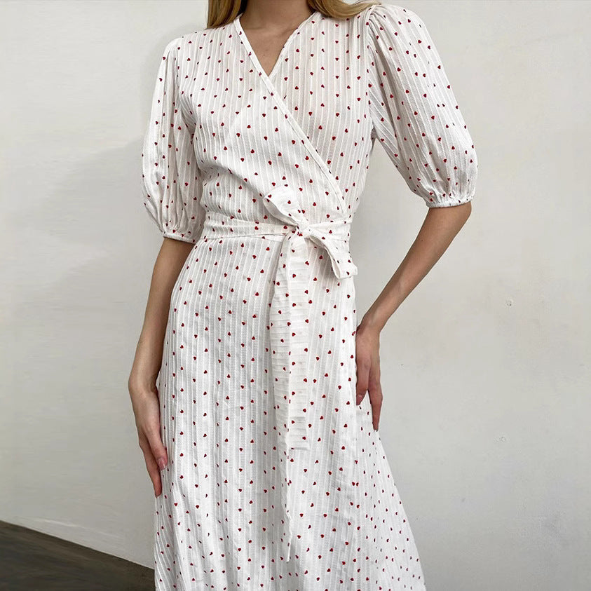 XAKXX 2025 early spring new love printing V-neck apron high waist dress 2025 fashion cross-border pure cotton long dress women