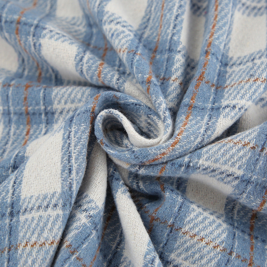 XAKXX Beach casual blue fashion temperament polyester cotton plaid shirt autumn and winter 2025 commuting loose versatile women's clothing