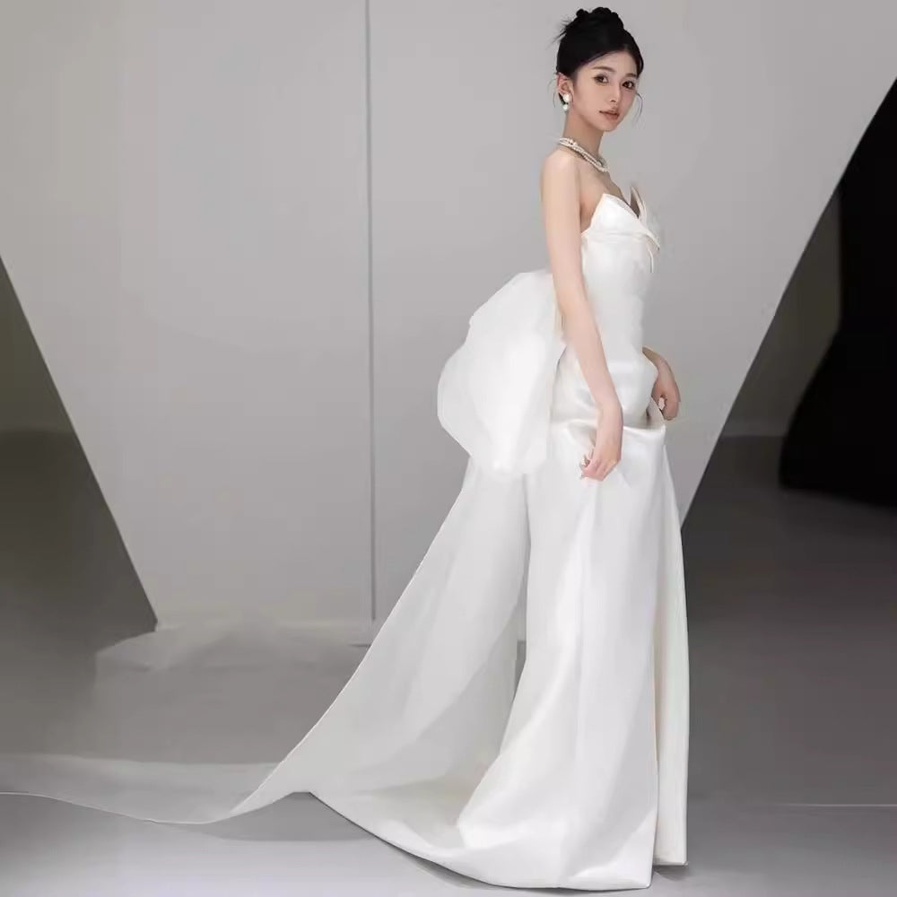 2025 tube top light wedding dress light luxury travel photography Mori hair out yarn Korean simple satin bridal welcome dress small trailing spring
