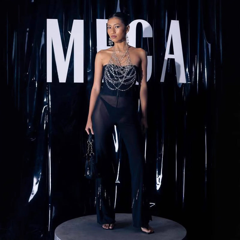 2025 L4961Y real shot metal chain hanging neck sexy transparent diamond small vest nightclub party fashion halter sling