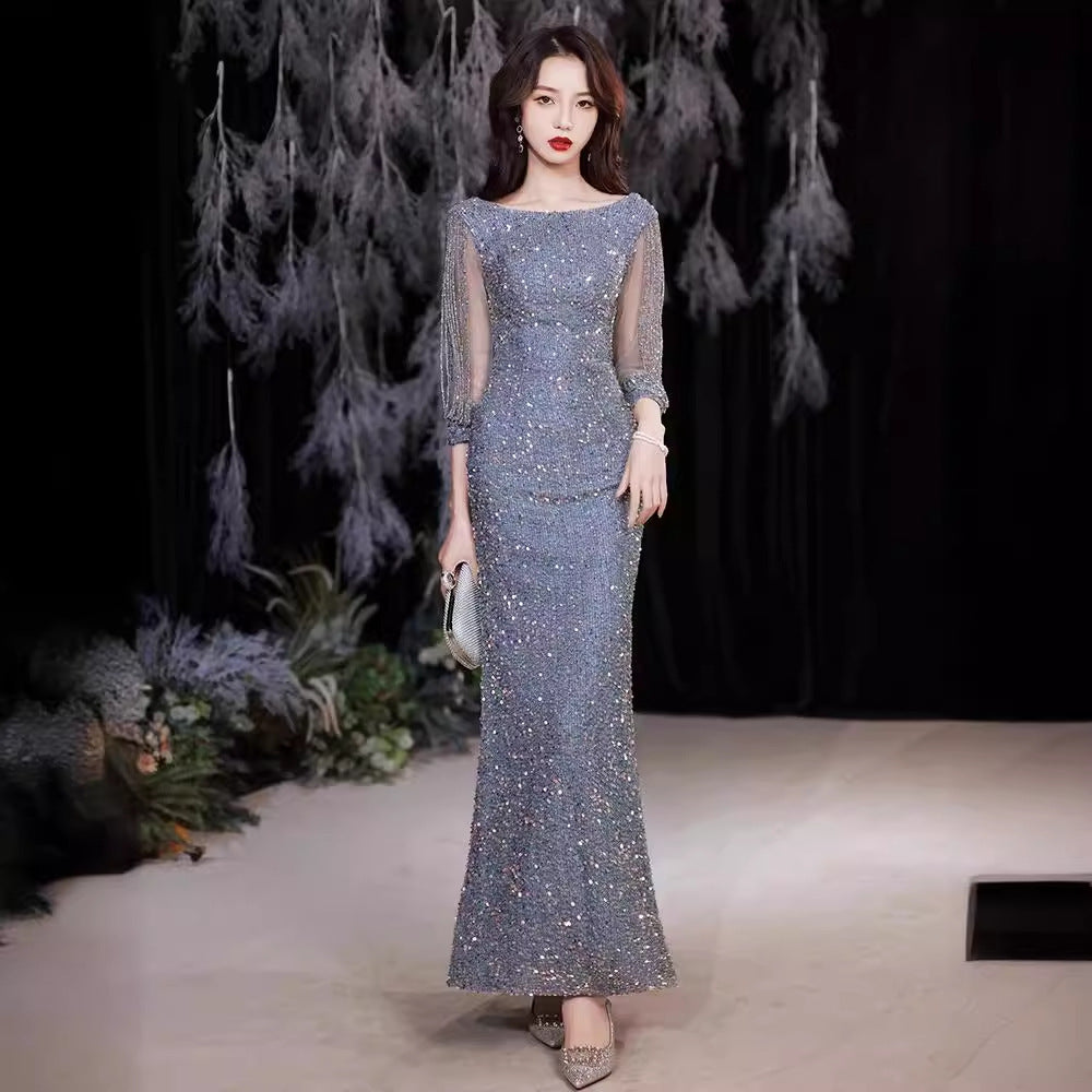 Sequined evening dress women's 2025 new banquet student art test fishtail presiding skirt adult ceremony host skirt spring