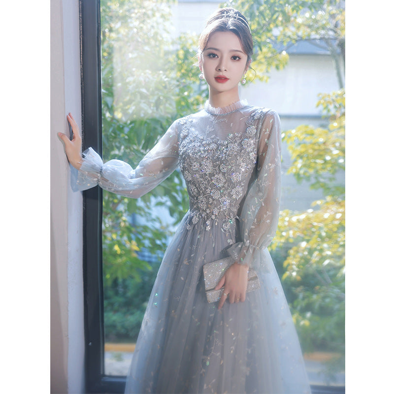 Gray-blue evening dress women's 2025 new banquet fairy temperament art test dress skirt long sleeve birthday party annual ceremony