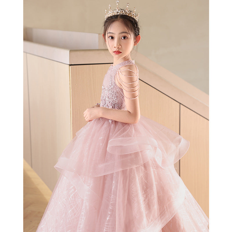 Children's Dress Girls Birthday Princess Dress Dresses of Bride Fellow Kids Light Luxury Minority Children Host Piano Performance Pink