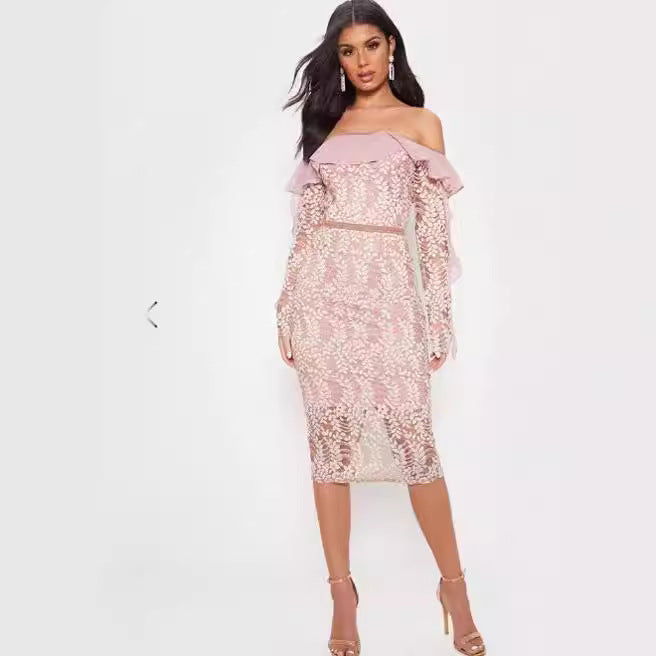 XAKXX 2025 popular Celebrity Temperament Lotus Leaf Splicing Lace One-word Shoulder Buttocks Dress Off-the-Shoulder Evening Dress