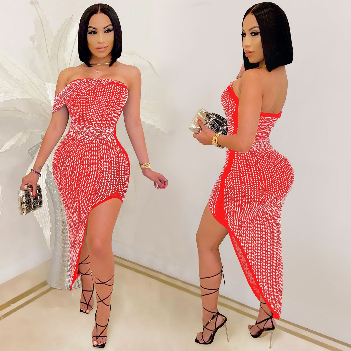 X5046 European and American Evening Dress Rhinestone Mesh Wrapped Chest Irregular Women's Clothing Dress