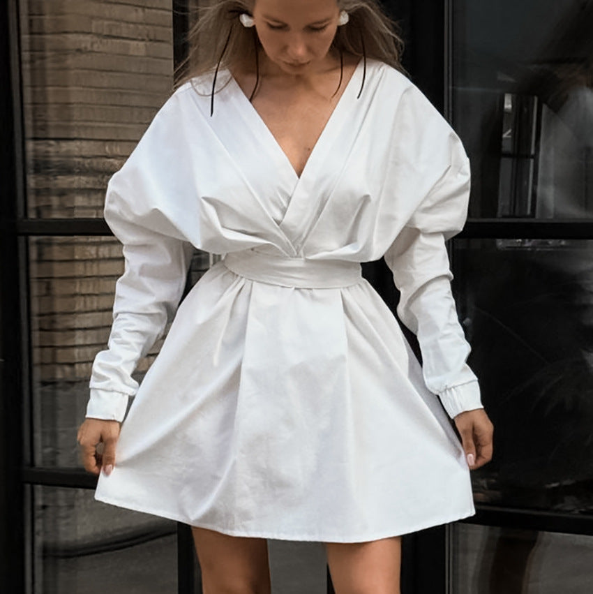 XAKXX 2025Russian autumn sexy design V-neck bubble sleeve dress versatile fashion temperament lace-up small white dress