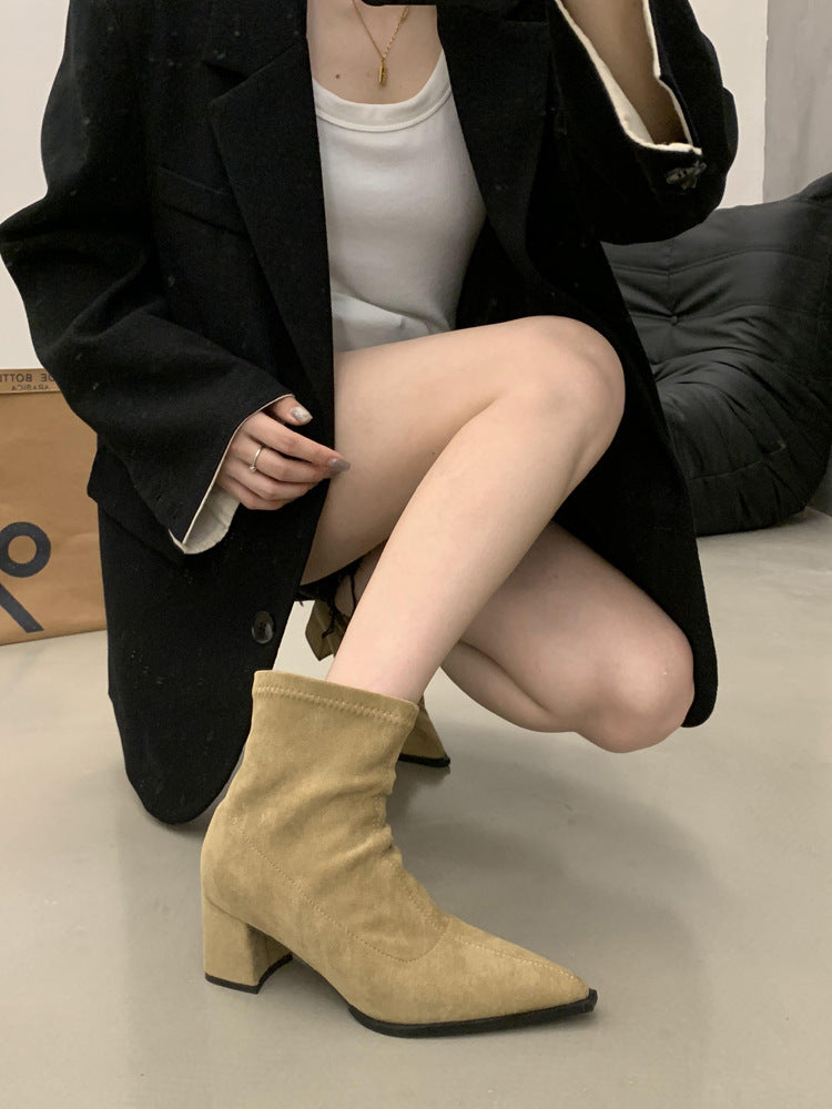 2025 temperament pointed suede thin boots Korean version versatile thick heel short boots women's boots commuter high heel fashion boots