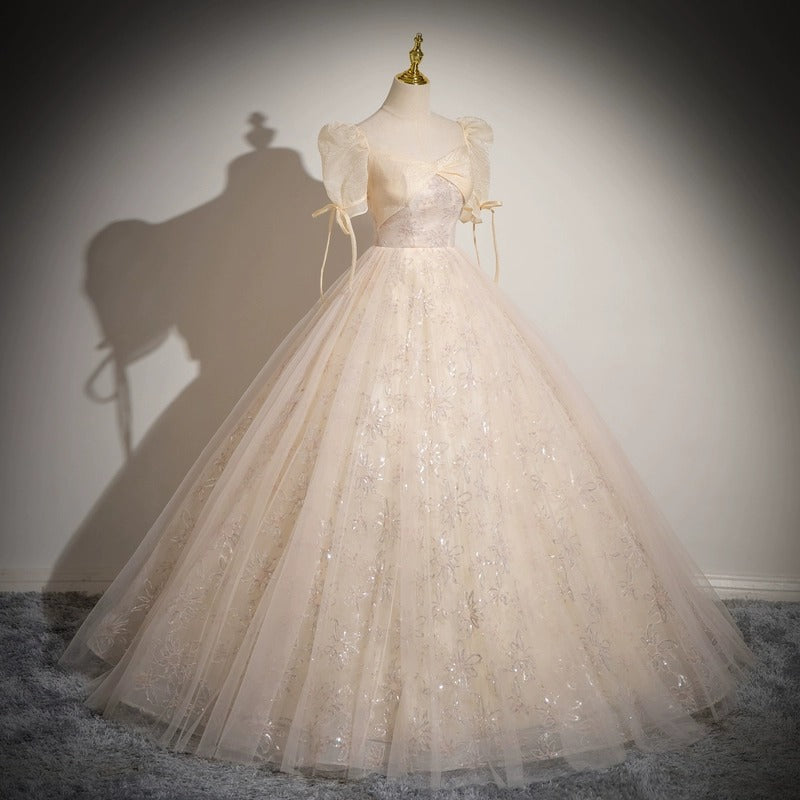 Champagne evening dress spring new elegant bubble sleeve princess dress tutu skirt bar mitzvah student art exam dress