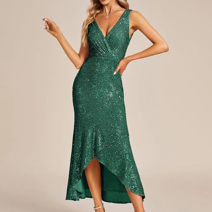XAKXX 2025 popular New new sequined gauze commuting solid color mid-waist red suspender host banquet dress evening dress