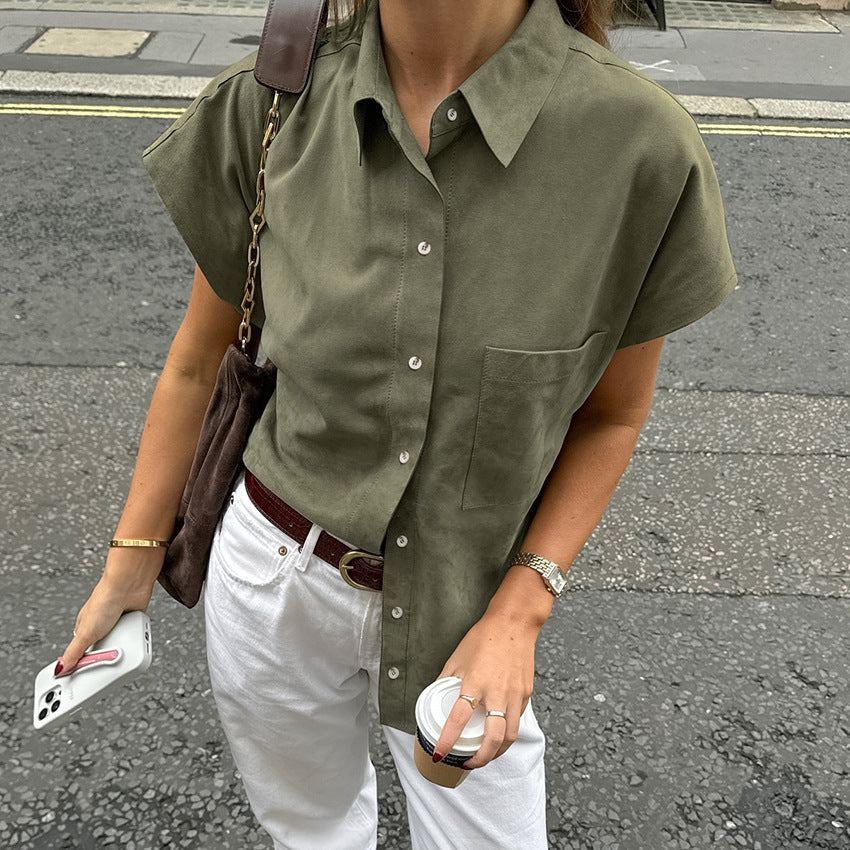 XAKXX Russian spring and summer casual lazy green short-sleeved retro temperament pocket shirt 2025 street style loose shirt