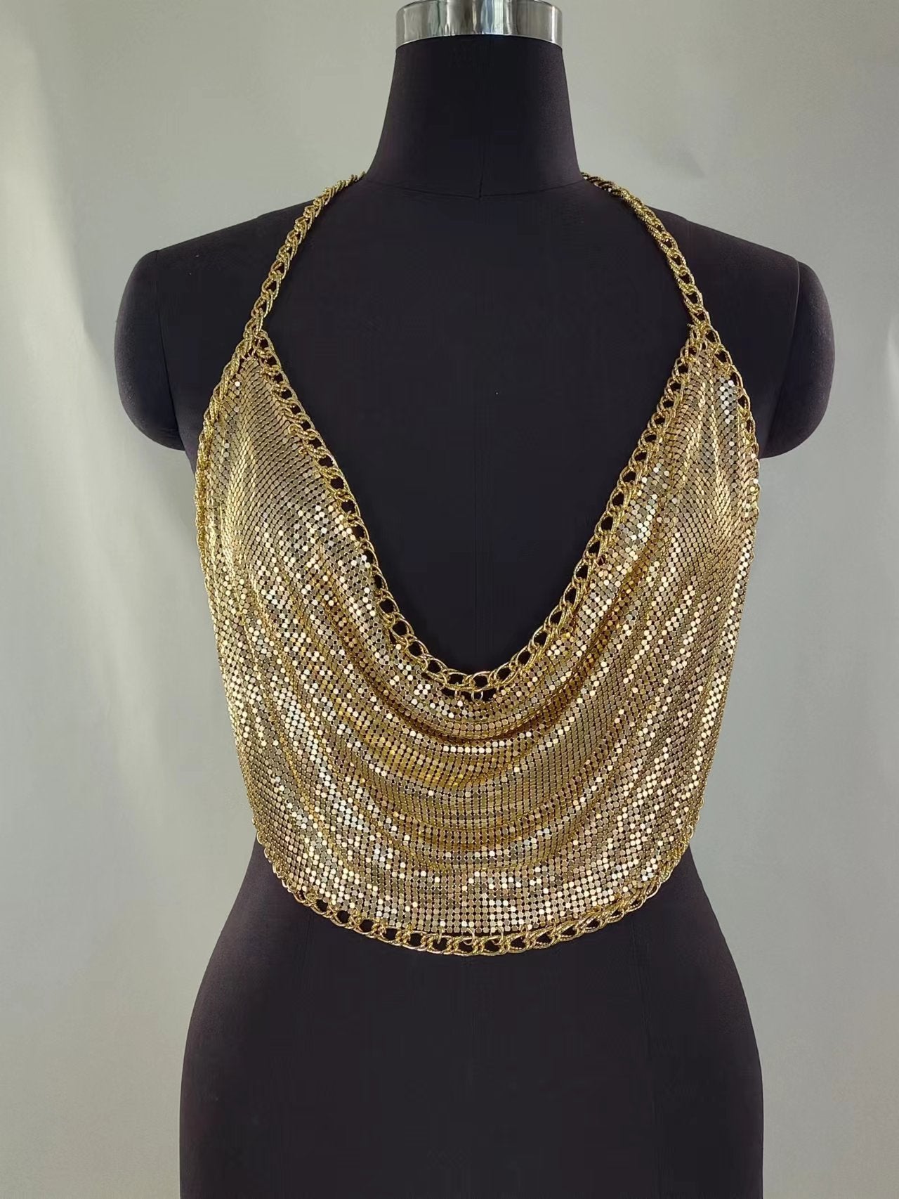 2025 MW3206 vest rhinestone inlaid sequins flat sheet metal chain splicing V-neck neck top small vest