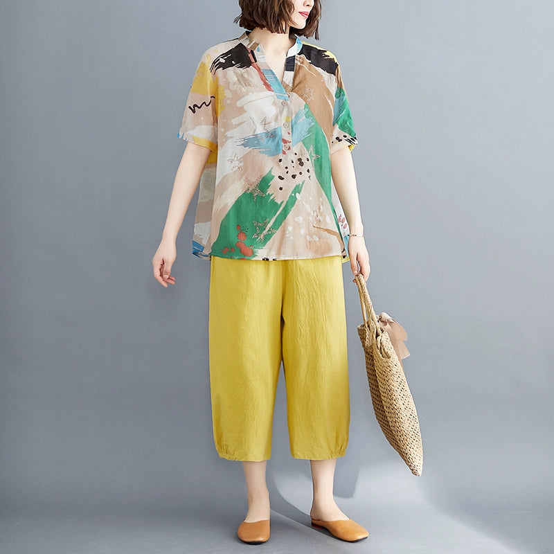 Age-reducing and thin suit, fashionable summer clothing, large-size women's clothing, loose-printed top, cotton and linen casual Harlan pants, two-piece set