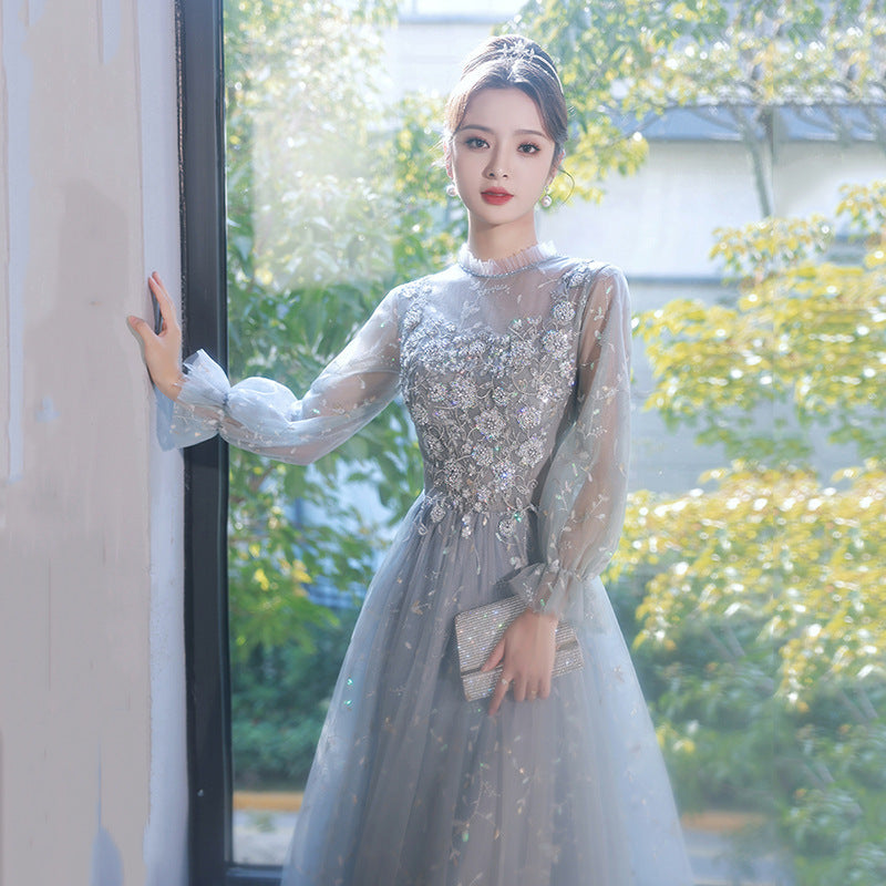 Gray-blue evening dress women's 2025 new banquet fairy temperament art test dress skirt long sleeve birthday party annual ceremony