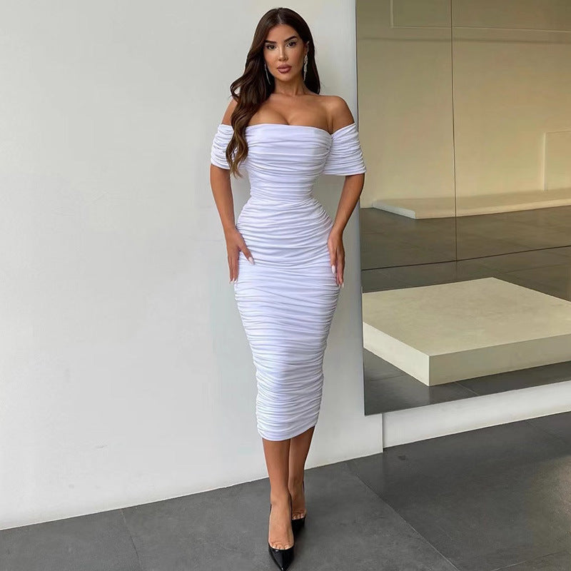 XAKXX Tube top one-word shoulder pleated dress European sexy aura beautiful woman tight one-step skirt waist hip lift hip wrap skirt