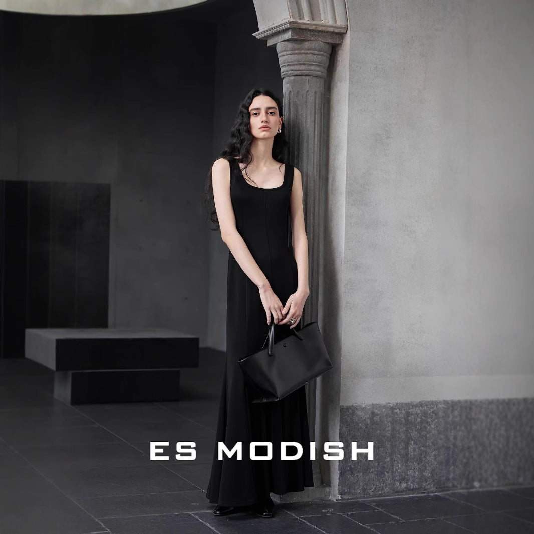 2025 ES MODISH Spring New Sexy Square Neck Slim Hip Wrap Fish Tail Suspender Dress Celebrity Style Long Dress Women