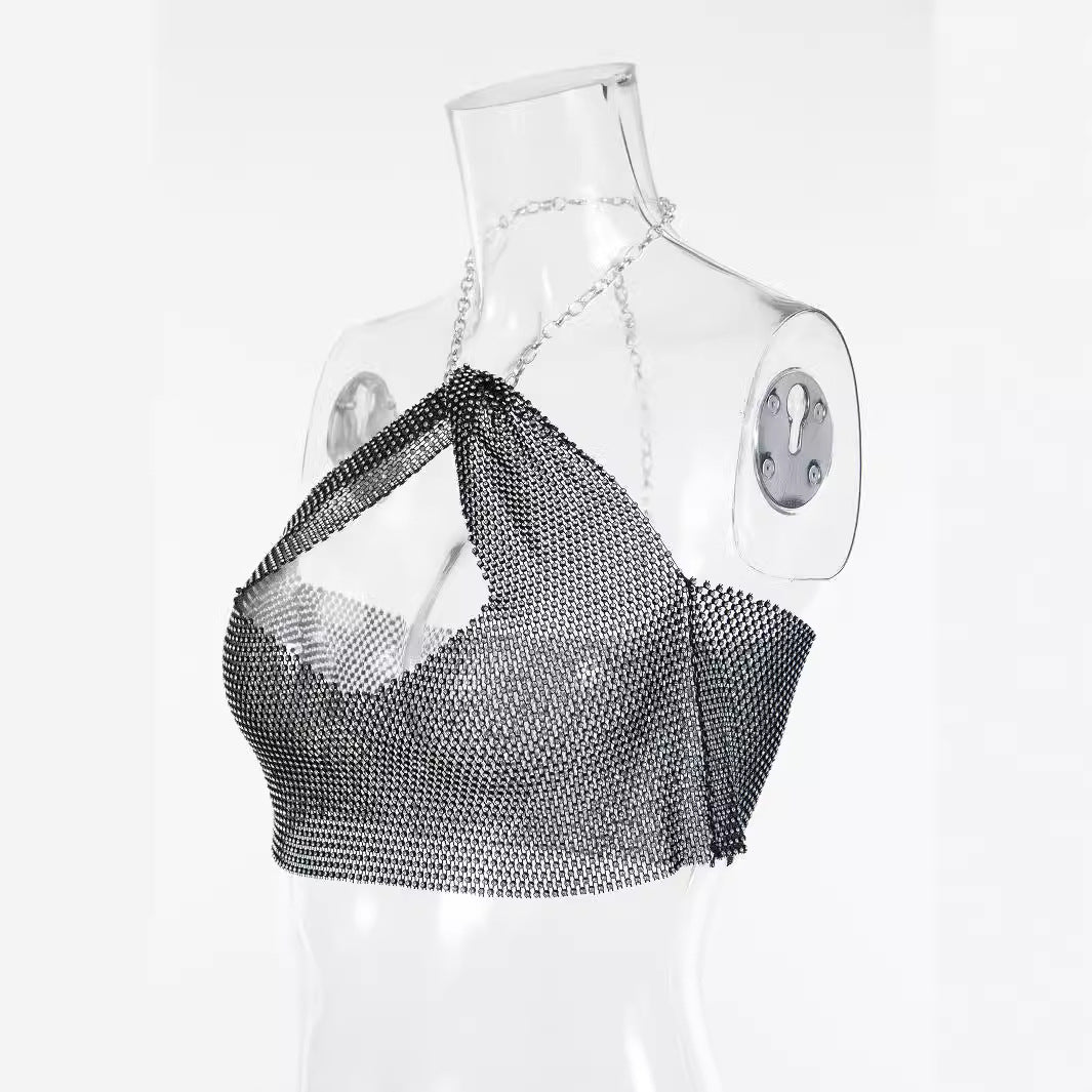 6392 Spring and summer New new products 2025 women's clothing fishing net rhinestone sling sexy tight elastic vest neck top