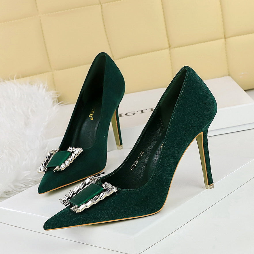 2025 516-K73 Spring and Autumn Banquet High Heel Shoes Thin Heel Suede Shallow Mouth Pointed Metal Rhinestone Buckle Single Shoes Women's Shoes