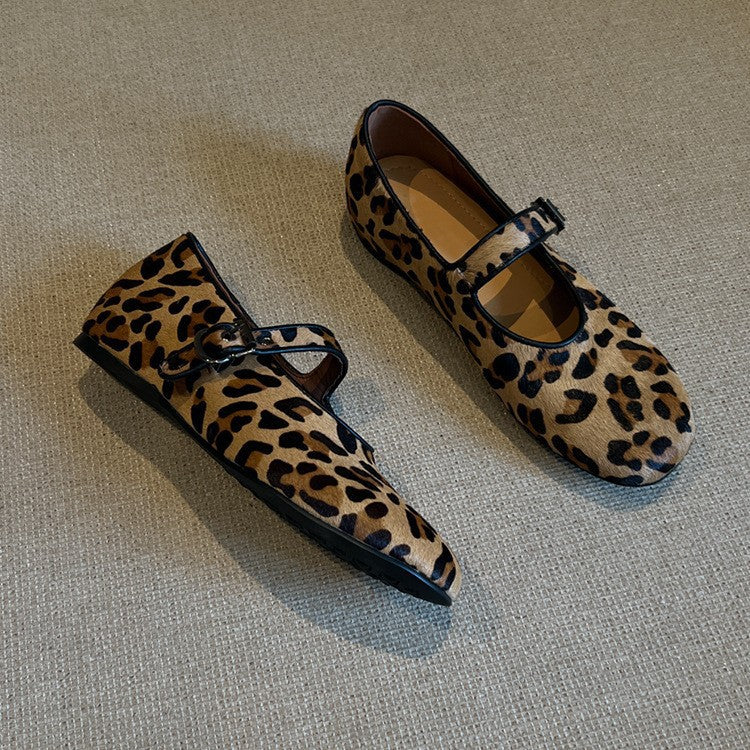 2025 Sheepskin version~ 2025 new niche leopard print one-word with shallow mouth single shoes women's flat Mary Jane women's shoes