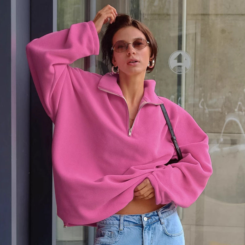 XAKXX Autumn and winter new pink lapel fleece sweater New 2025 fashion cross-border wholesale women's lamb fleece top