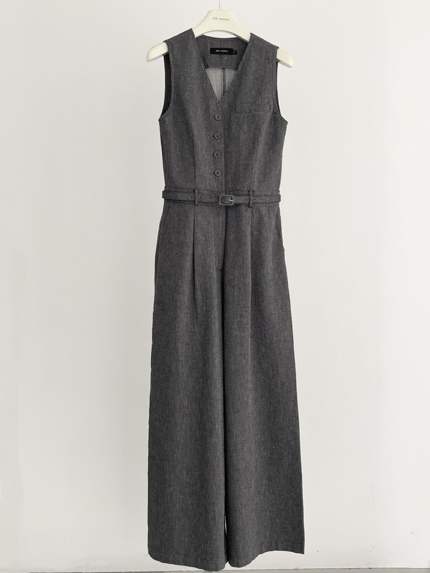 2025 ES MODISH spring new Korean version niche V-neck sleeveless waist denim jumpsuit (with belt) girls