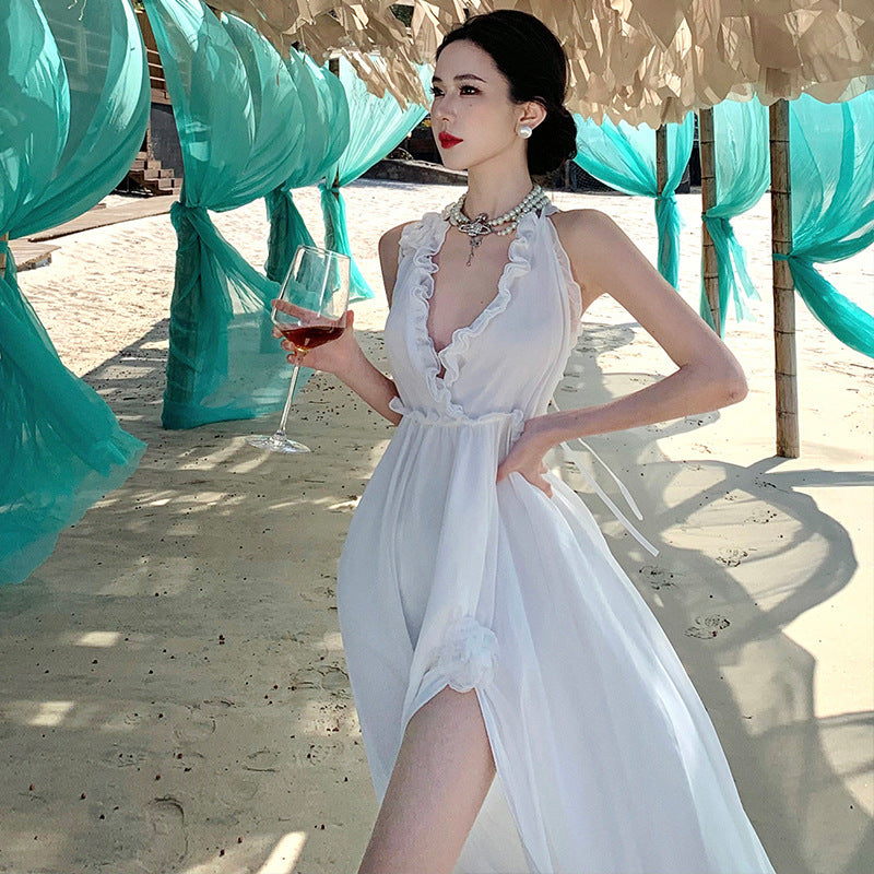 2025 Super fairy atmosphere white dopamine island vacation dress flower decoration wave fairy elegant travel dress