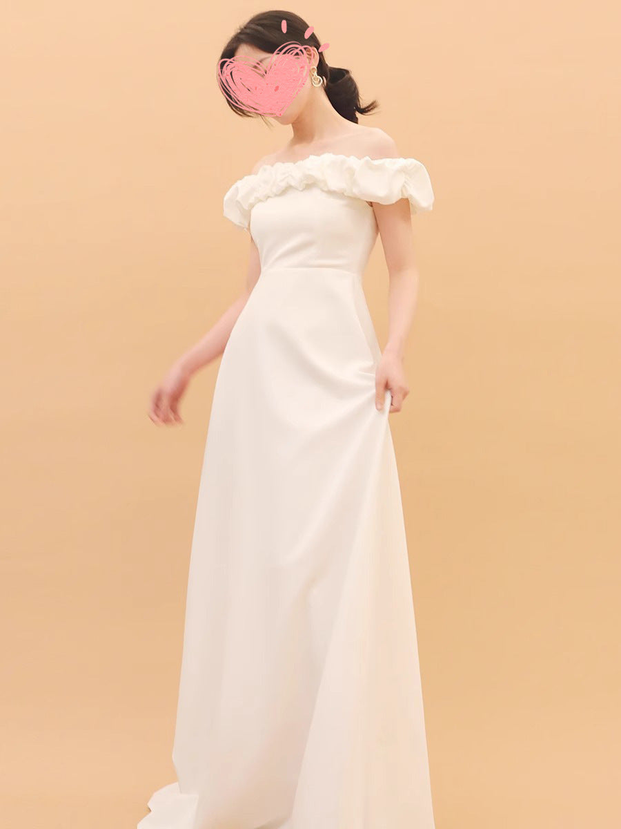 2025 spring white dress skirt pleated off-the-shoulder one-word collar elastic slim and thin two-length dress