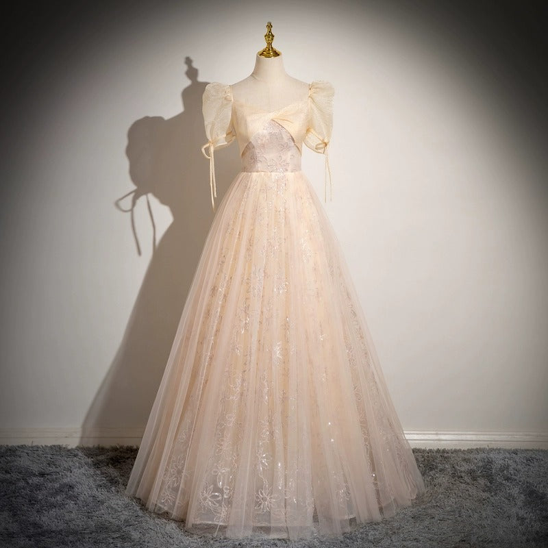 Champagne evening dress spring new elegant bubble sleeve princess dress tutu skirt bar mitzvah student art exam dress