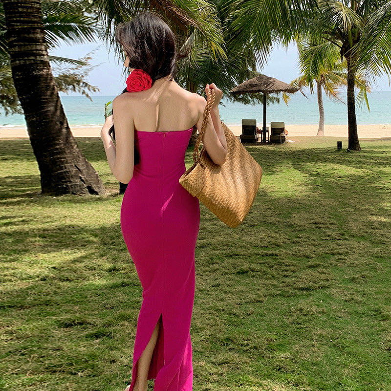 2025 Sexy tube top collarbone one-word shoulder dress women's senior sense vacation sexy rose red stepmother hip wrap long skirt