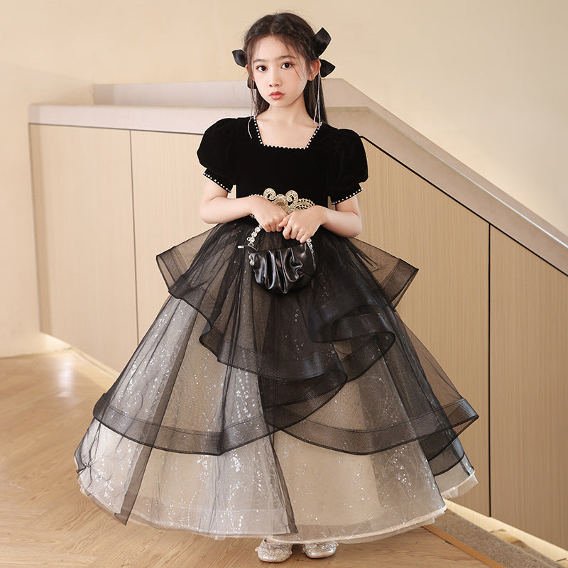 Children's Dress Princess Dress Girls Evening Dress Light Luxury Minority High-End Black Host Piano Performance Costume