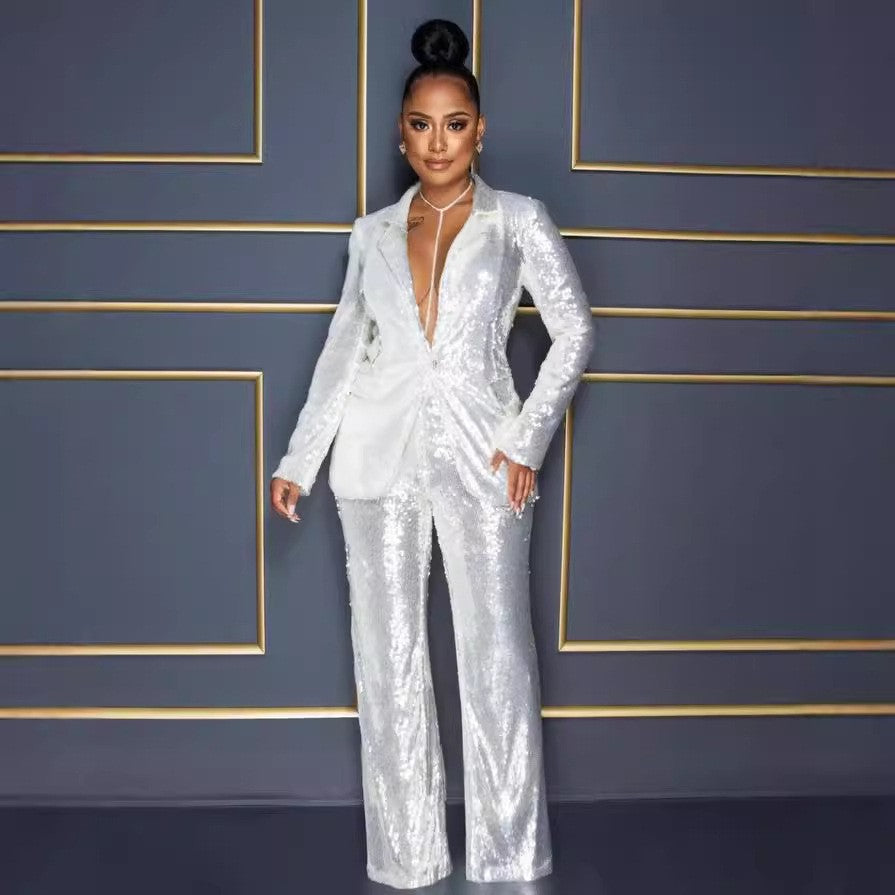 2025 summer New jumpsuit 2025 new women's long-sleeved V-neck sequined jumpsuit two-piece set