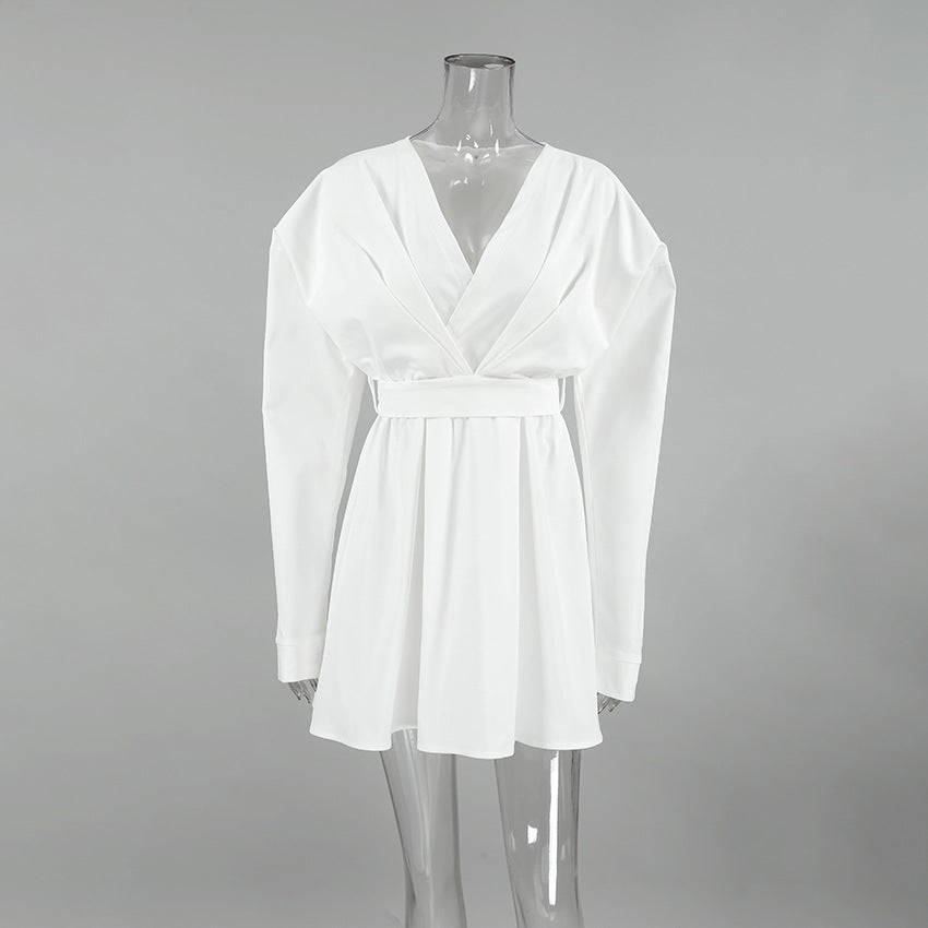 XAKXX 2025Russian autumn sexy design V-neck bubble sleeve dress versatile fashion temperament lace-up small white dress